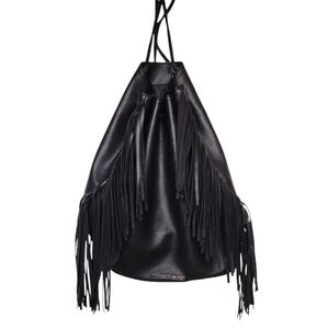 Victoria Secret Black Faux Leather Boho Fringe Backpack Shoulder Bucket Tote Bag